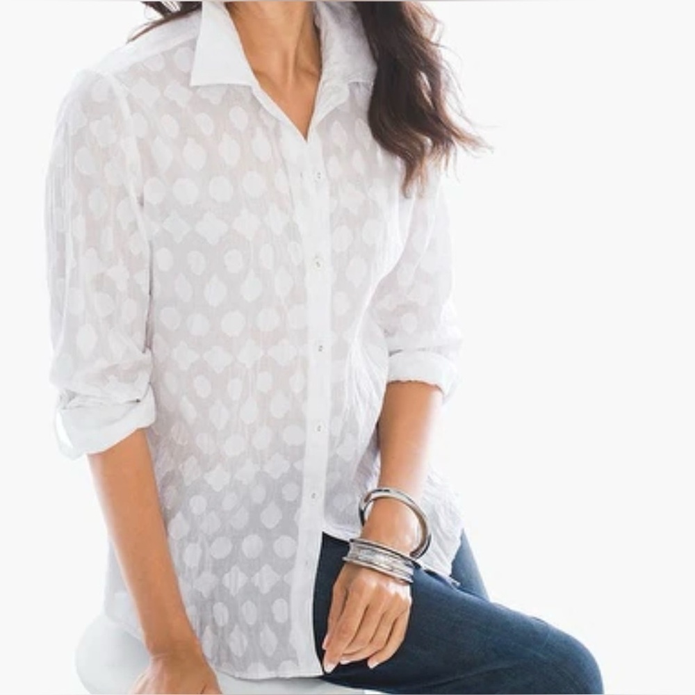 Chico's White Notched Collar Boxy Button Down Shirt Lightweight Size Lg